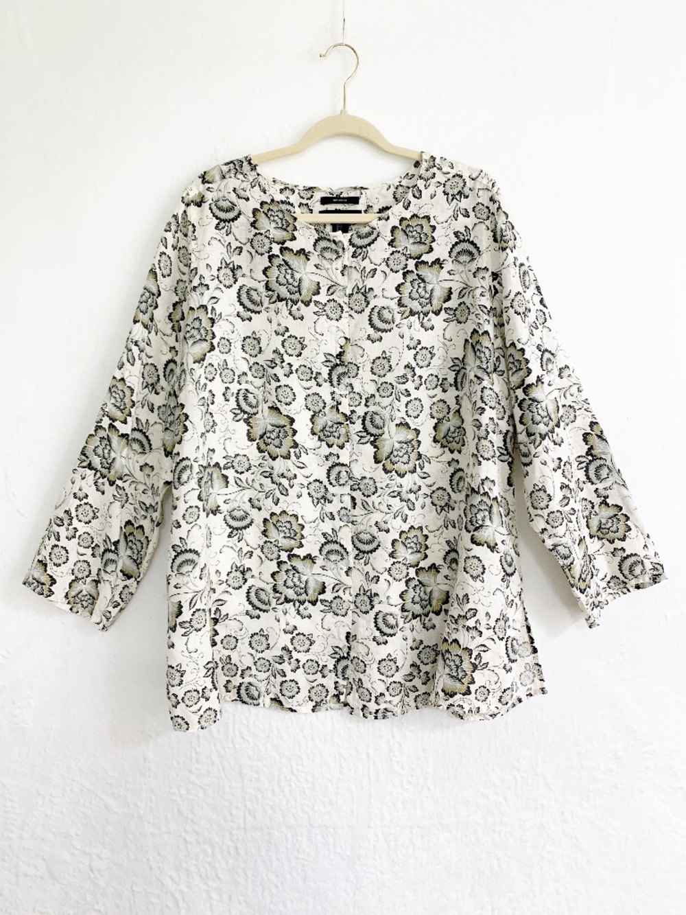 Tahari Linen Floral Button Front Tunic Long Roll Tab Sleeves Sage Green Sz 1X